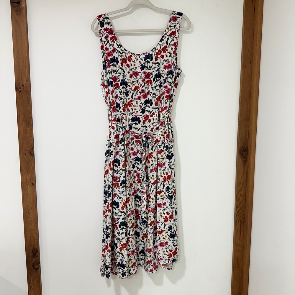 Expressions Floral Midi Dress Women XL White Pink Blue Rayon Sleeveless Pockets